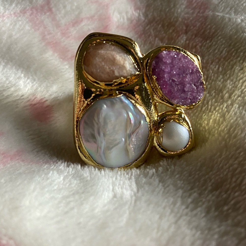 Real Pearl and Stone 18k GP Ring